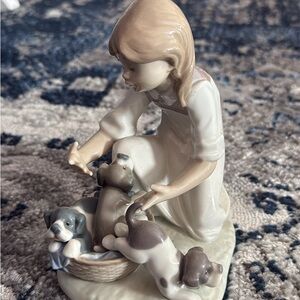 Lladro Girl with Puppies Figurine - Cream & Light Brown
